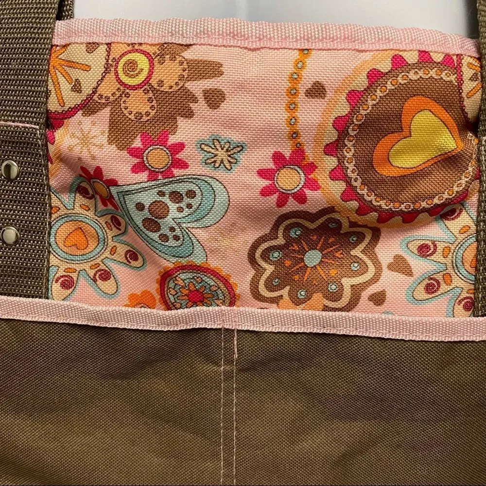 Ellie & Luke Diaper Bag Pink and Khaki Flowers and Hearts